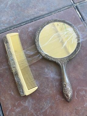 Antique SILVER Hand Mirror and Silver Bakelite Comb